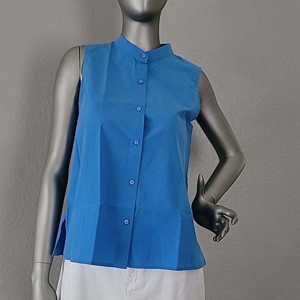 Eileen Fisher Washed Organic Cotton Poplin Mandarin Collar Women's Shirt XXS
